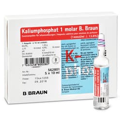 Kaliumphosphat 1 molar B. Braun Gruppe-Produktbild, Verpackung und Ampulle