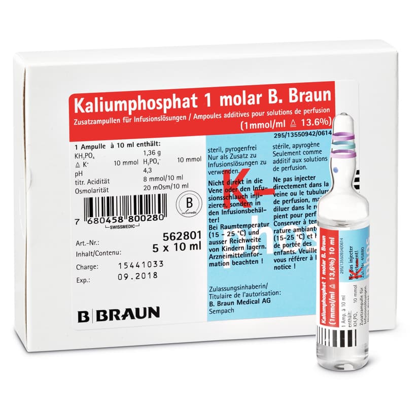 Kaliumphosphat 1 molar B. Braun Gruppe-Produktbild, Verpackung und Ampulle