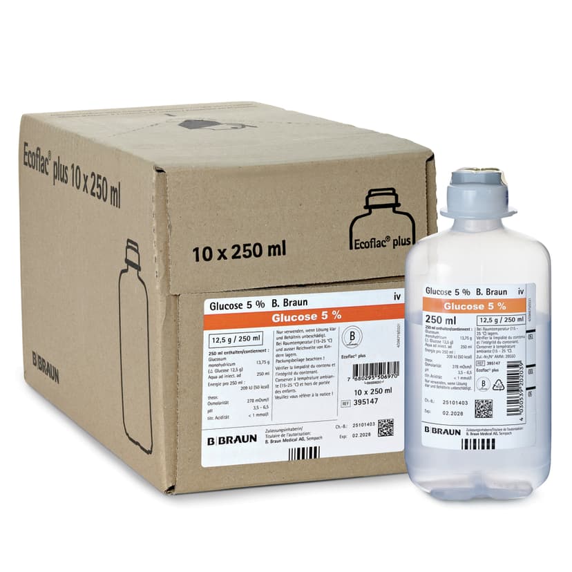 Glucose_5%_Ecoflac_plus_250ml_Vp-P_39514-Produkt Bild mit Verpackung