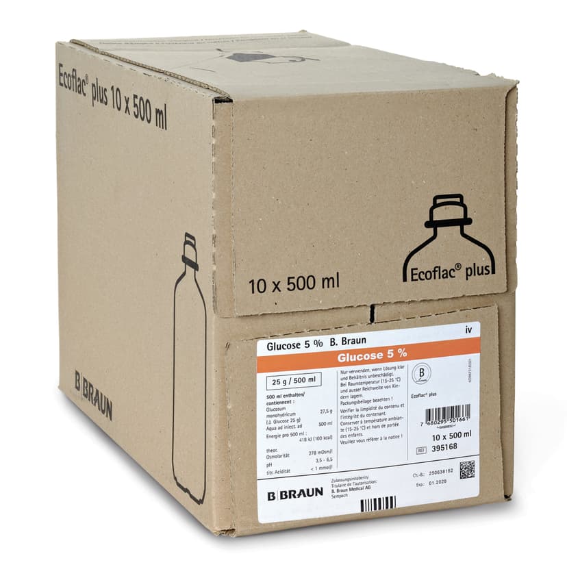 Glucose_5%_Ecoflac_plus_500ml_VP_395168-Produkt Bild Verpackung