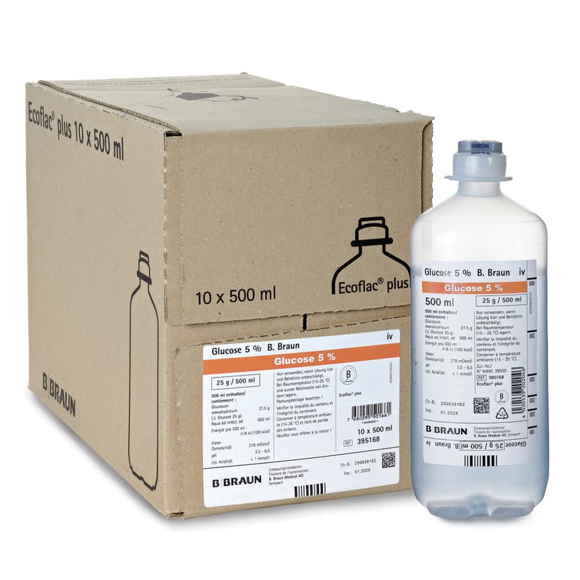 Glucose_5%_Ecoflac_plus_500ml_VPP_395168-Produkt Bild mit Verpackung