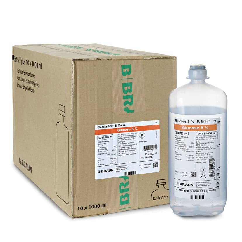 Glucose_5_Ecoflac_plus_1000ml_VP_395196-Produkt Bild mit Verpackung