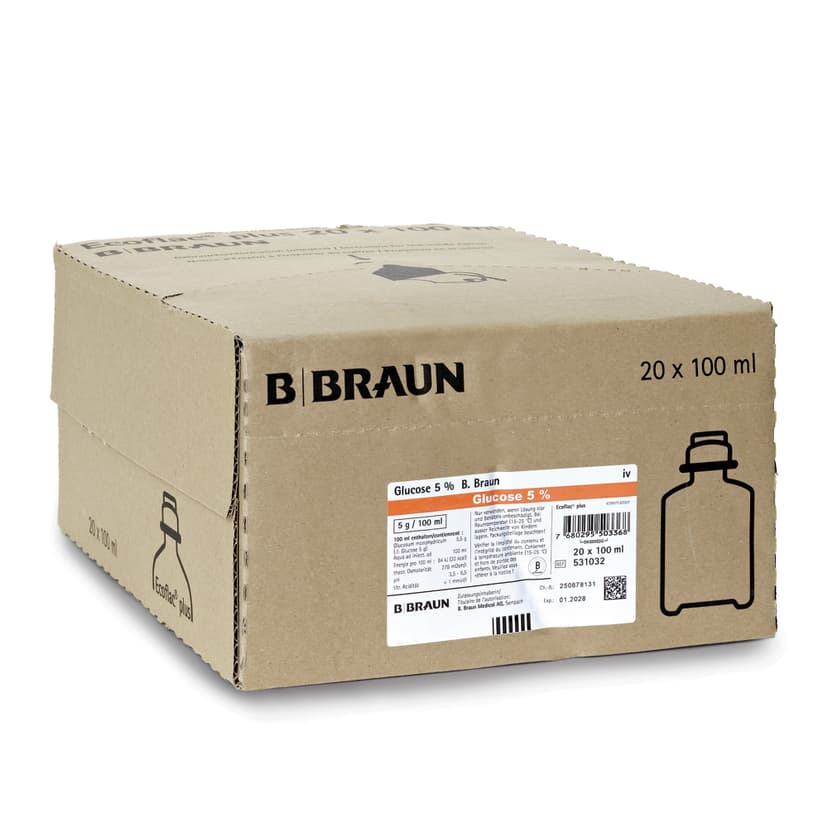 Glucose_5%_Ecoflac_plus_100ml_VP_531032-Produkt Bild Verpackung