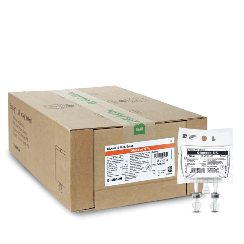 Glucose_5%_Ecobag_100ml_VPP_FV10201-Produkt Bild mit Verpackung